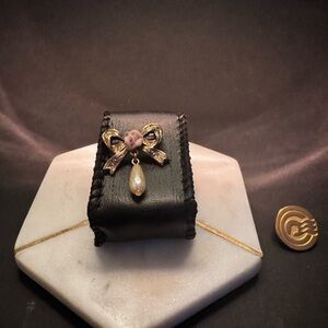 Brooch with Gold and Pink Bow embellished with a Pearl